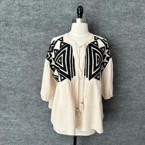 See And Be Seen Top Womens Small Cream Black Gauzy Geometric Peasant Boho Blouse